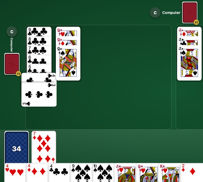 A live Burraco Arena table mid-hand: a completed clean burraco run, a second meld, and a full fanned hand waiting to play.